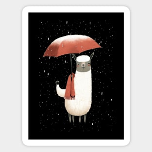 Llama standing in the rain with his red umbrella Magnet